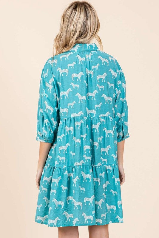 Zebra Print Button-Down Shirt Mini Dress with Tiered Detail