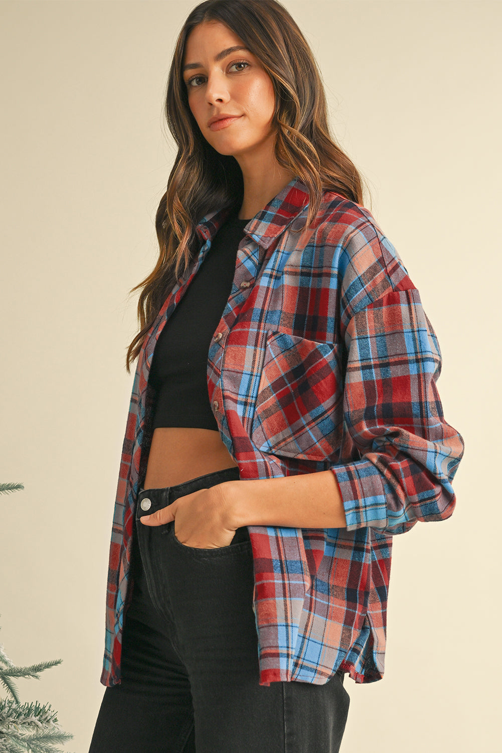 Women's Red Plaid Print Drop Sleeve Loose Shirt Casual Top