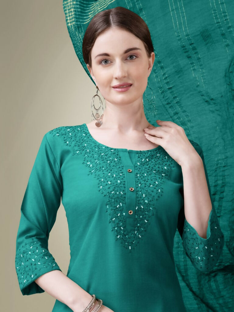 Women's Teal Cotton Blend Embroidered Straight Kurta with Trouser & Dupatta