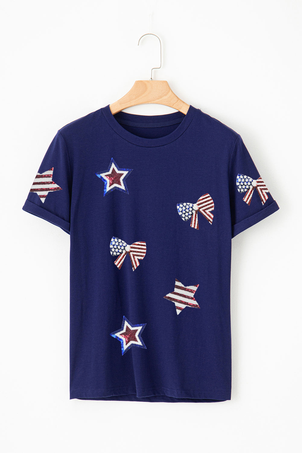 Blue Sequin USA Flag Bow Star Graphic Crewneck T-Shirt