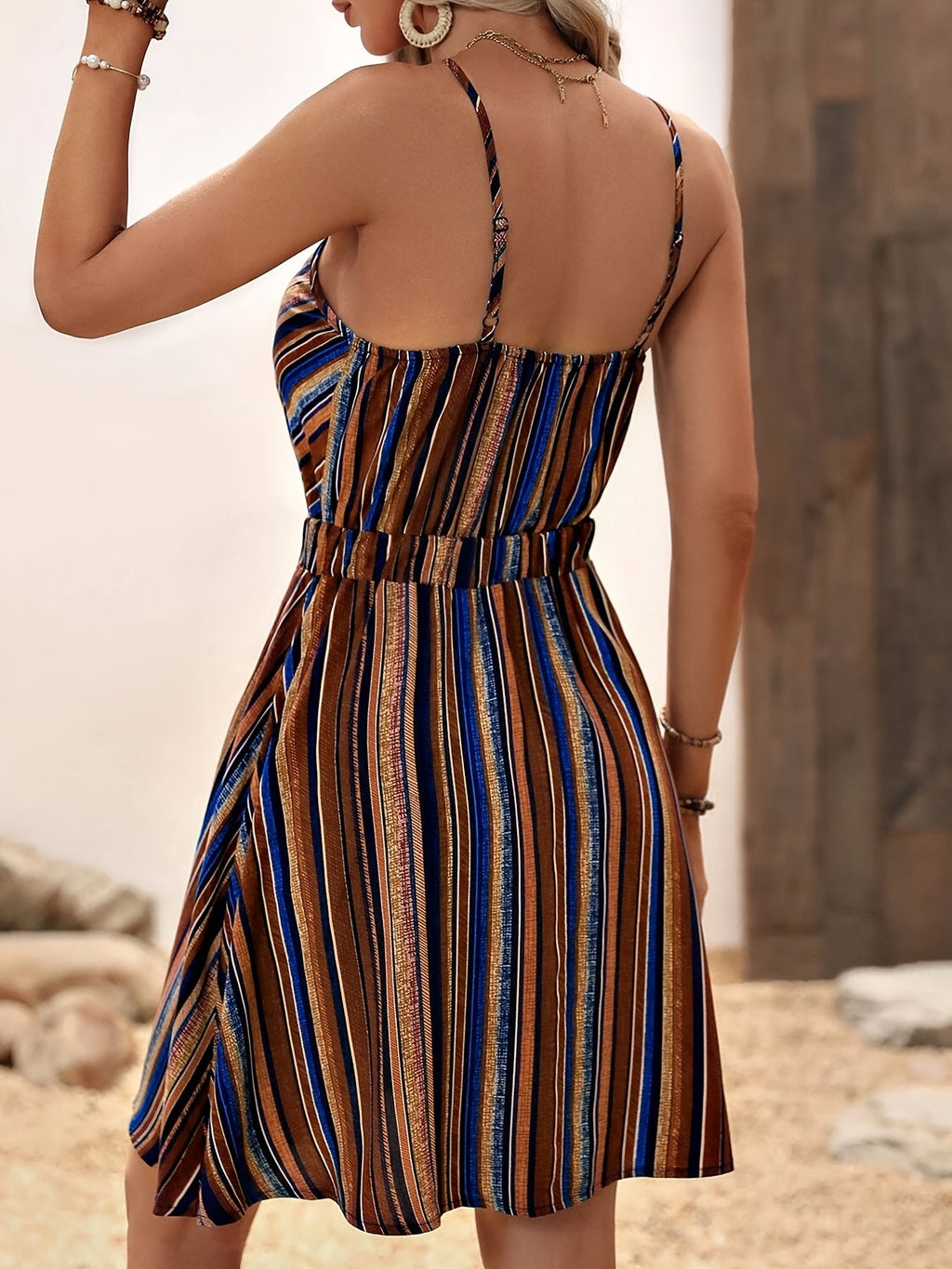 Women’s Deep V-Neck Striped Sleeveless Mini Slip Dress - Image 6