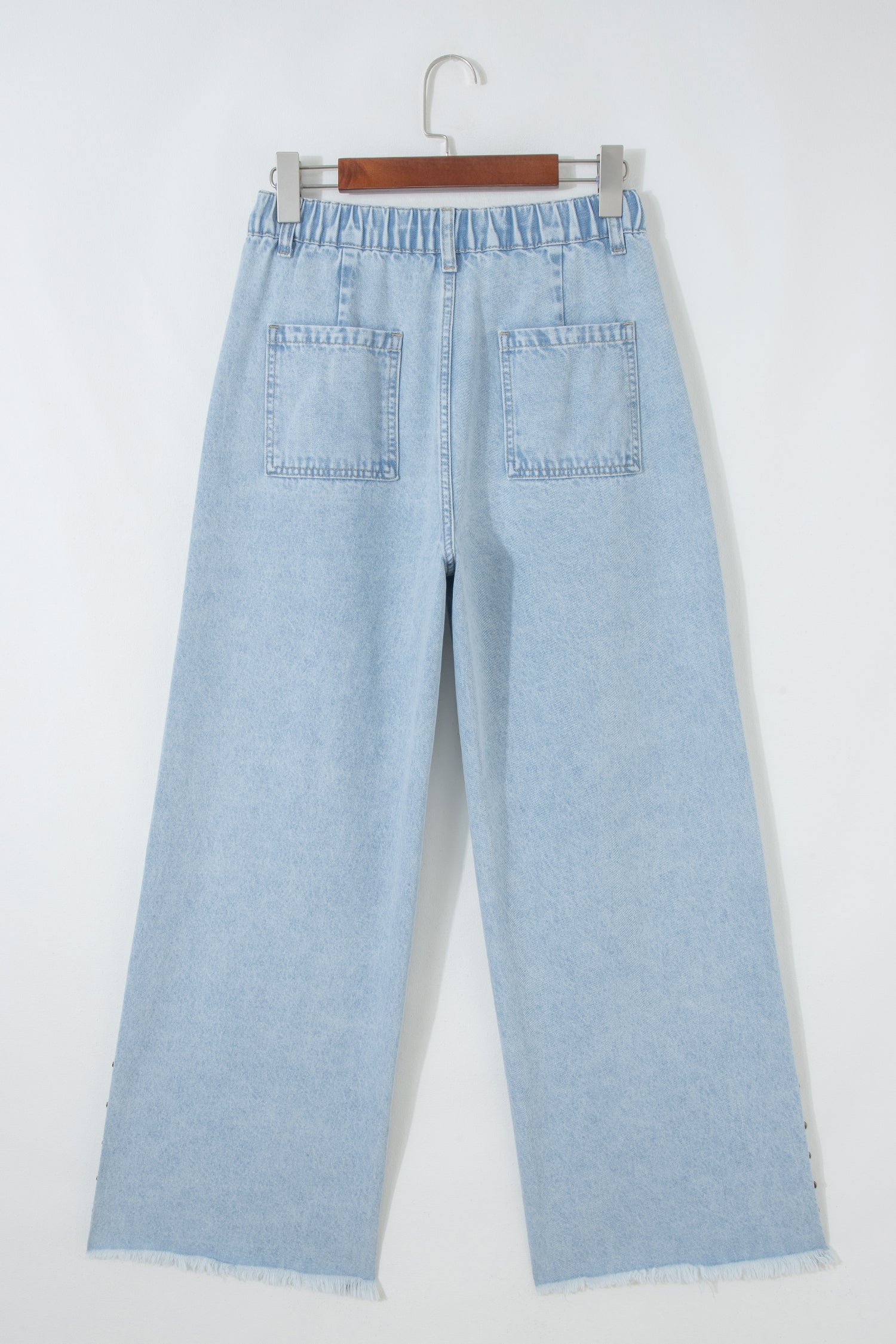 Beau Blue Studded Wide Leg Jeans with Side Slit & Frayed Hem