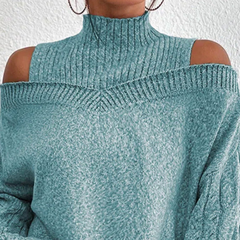 Women's Cold Shoulder High Neck Cable Knit Sweater Pullover - Image 4