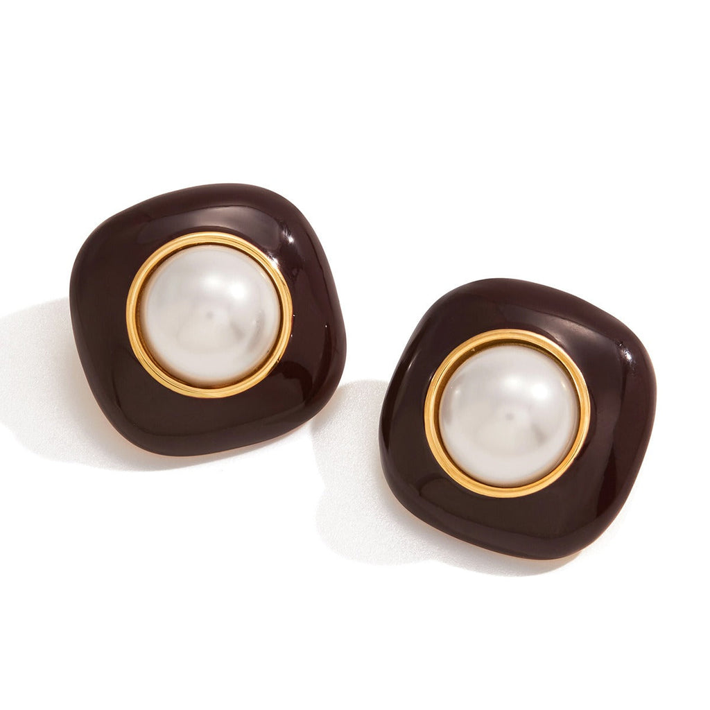 18K Gold-Plated Pearl & Enamel Stud Earrings