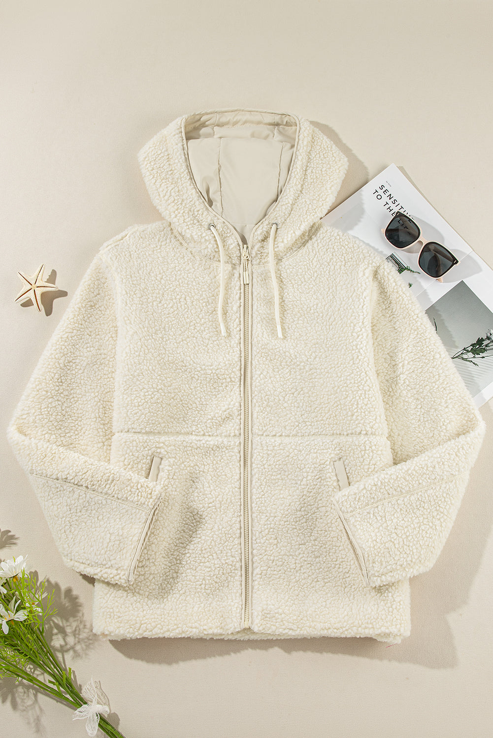 Beige Fleece Zip Up Hooded Jacket with Drawstring & Pockets