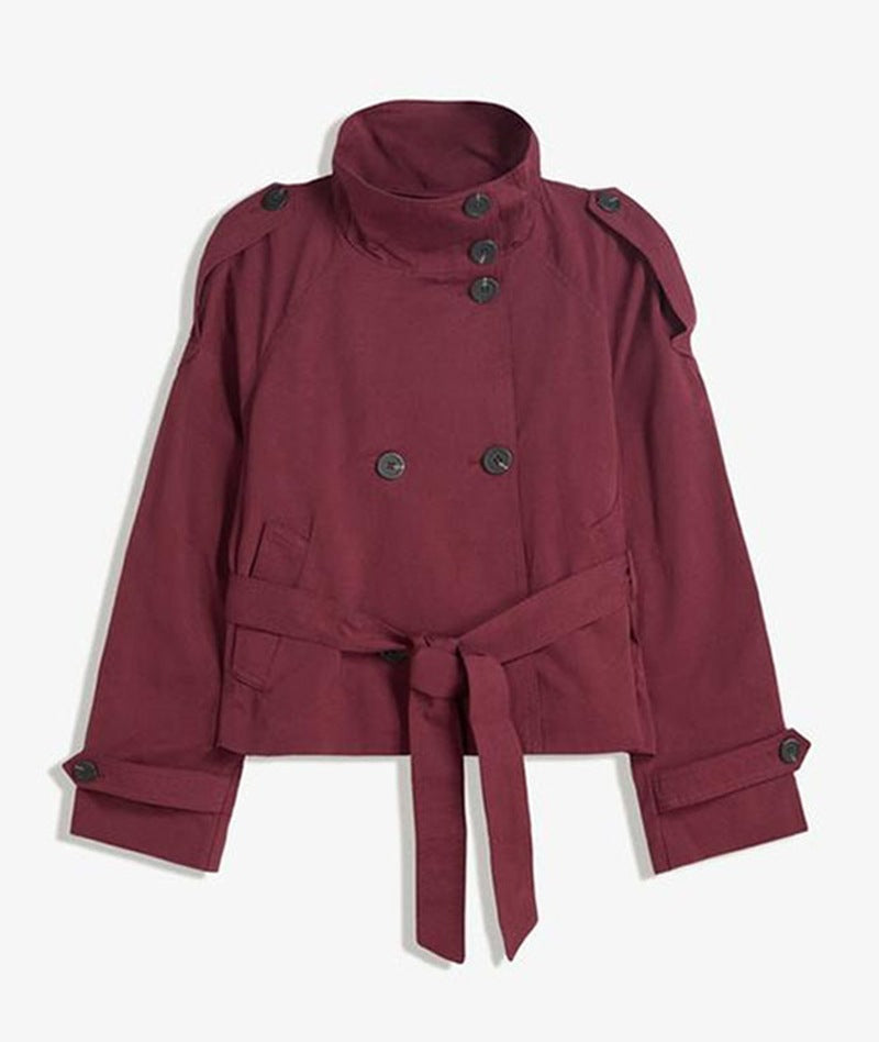 Women's Short Trench Coat with Lace-Up Waist Detail - Image 9