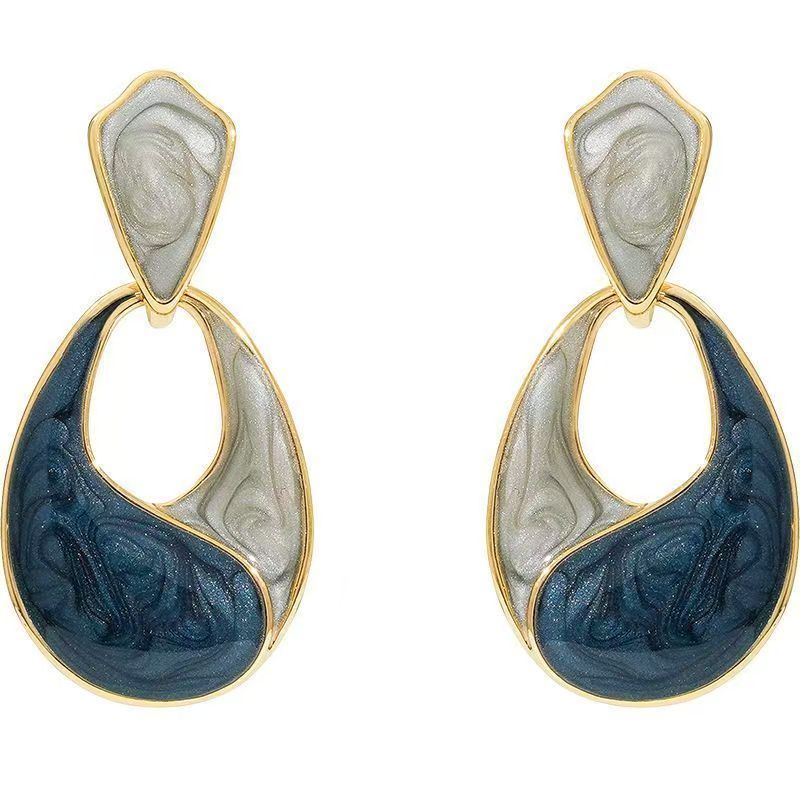 Blue Water Drop Stud Earrings Elegant French Hepburn Style Jewelry