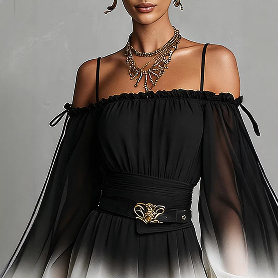 Off-Shoulder Ombre Puff-Sleeve Chiffon Romper with Belt - Image 4