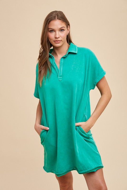 Turquoise Mineral Wash Short Sleeve Casual Dress