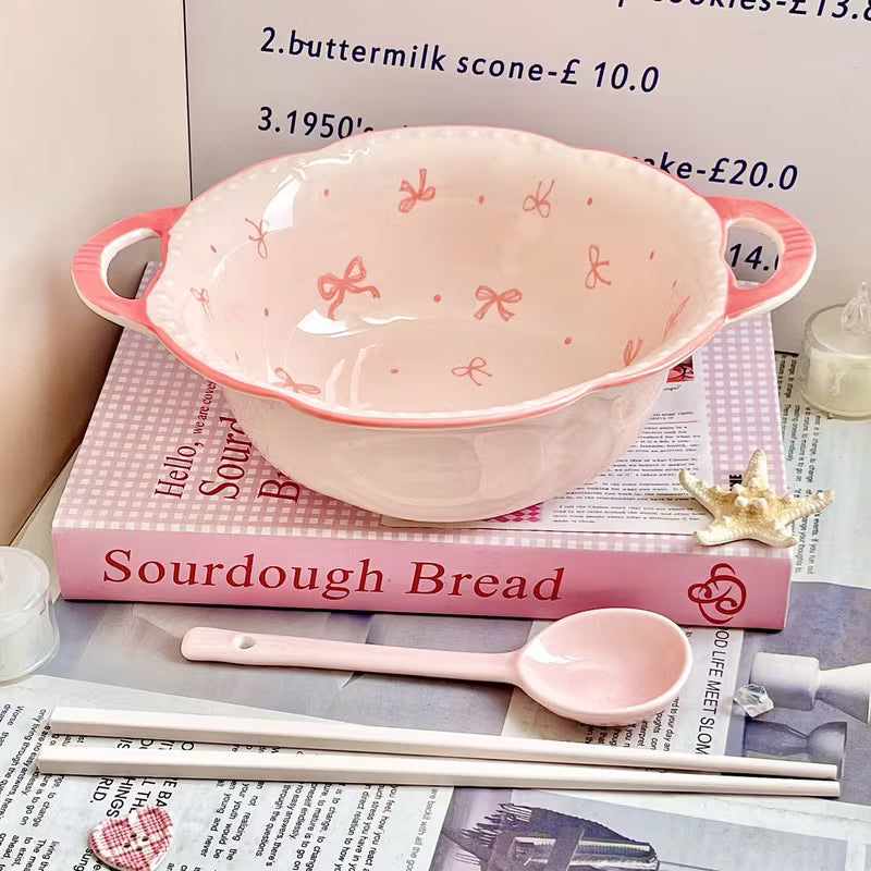 Large Ceramic Soup Bowl with Double Handles and Bowknot