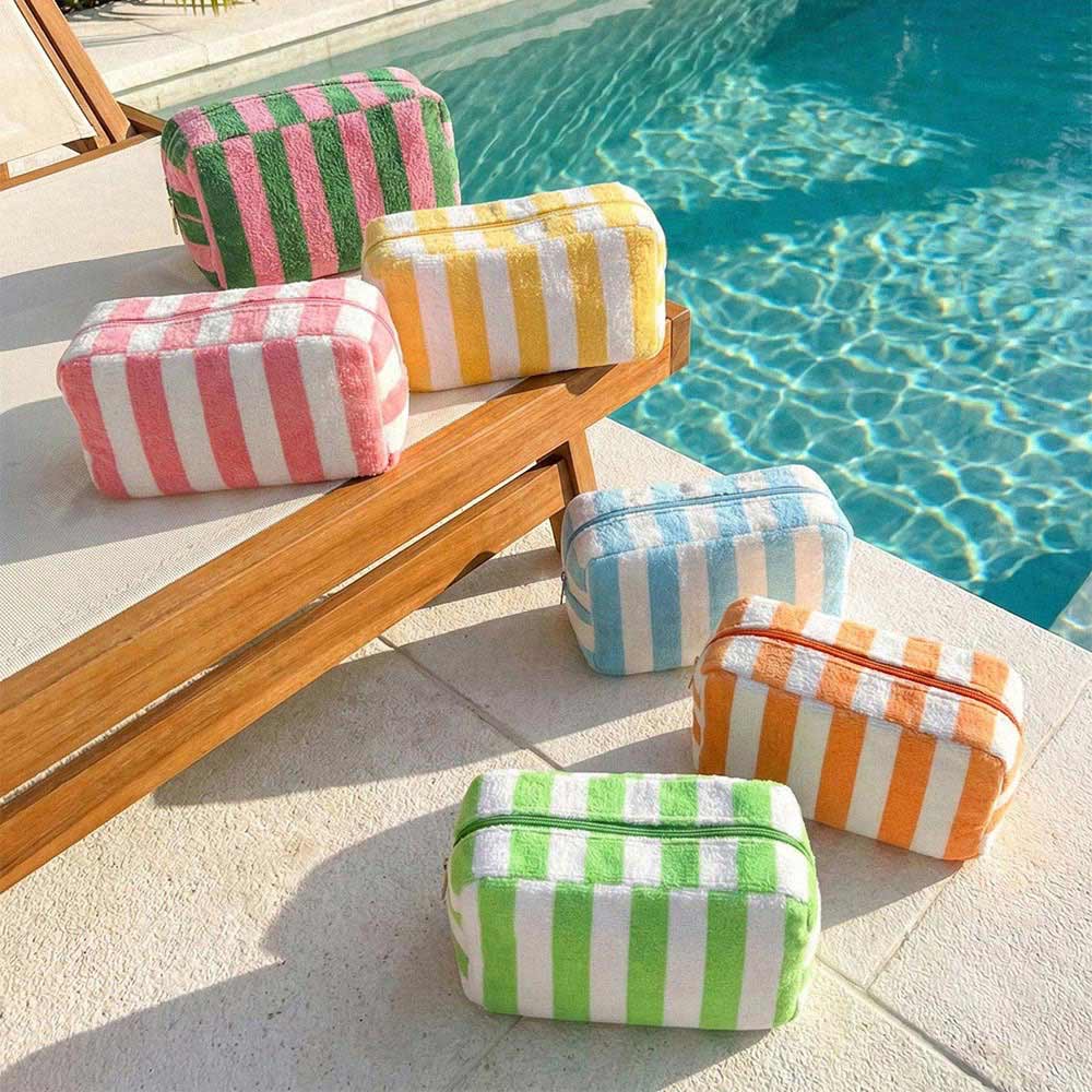 Blue Striped Terry Cloth Cosmetic Pouch