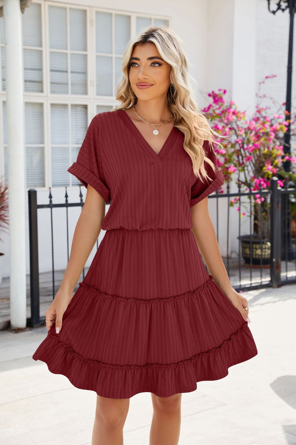 Tiered Mini Dress Short Sleeve Feminine Flowy Summer Casual Dress