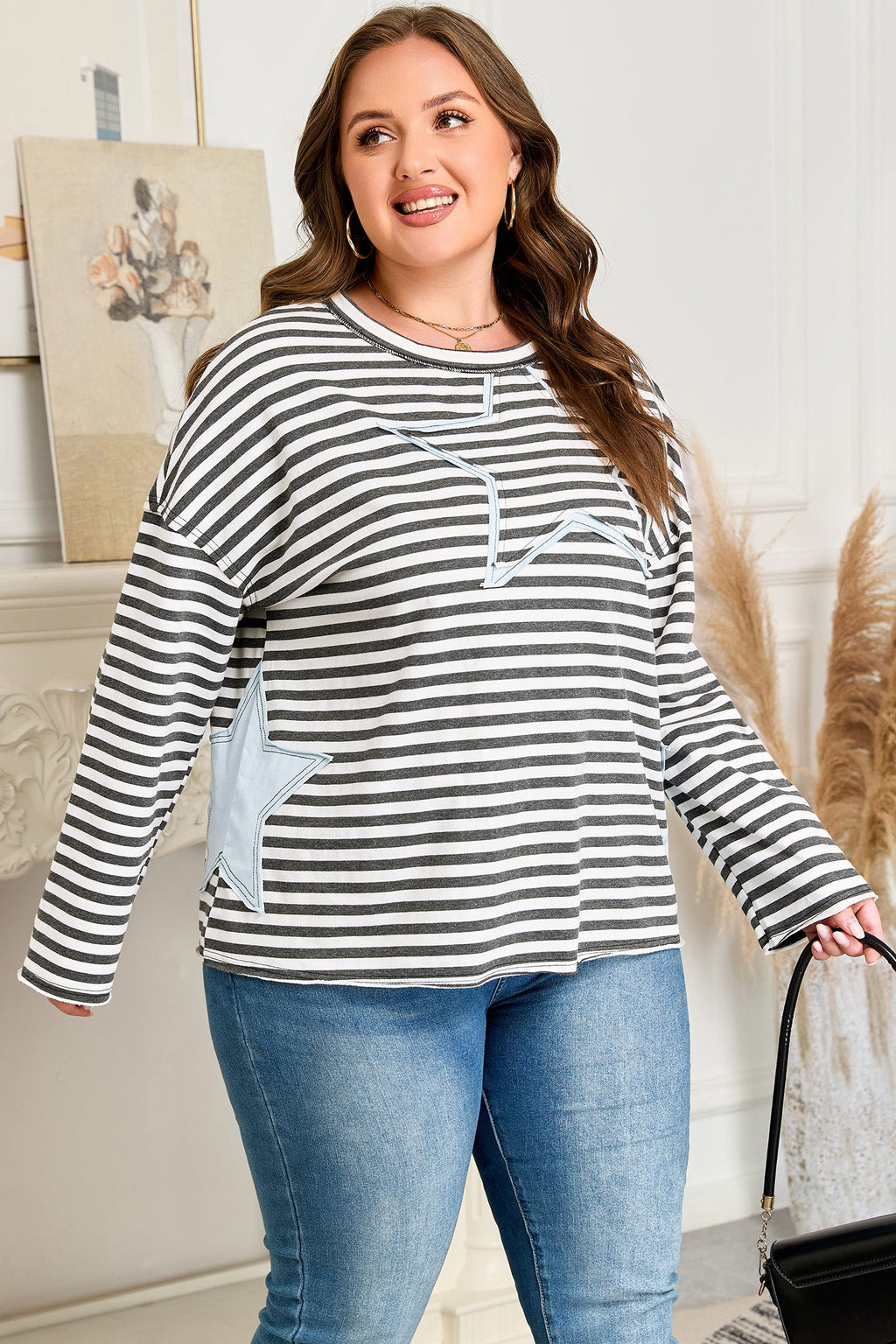 Plus Size Stripe Star Stitch Long Sleeve Top
