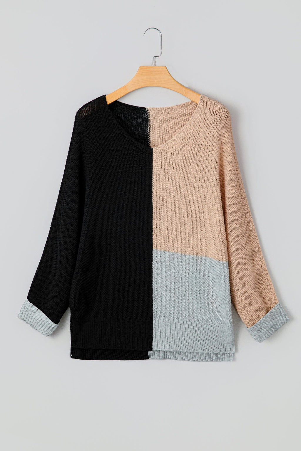 Zayla Color Block Knit Loose Sweater with V-Neck and Side Slits