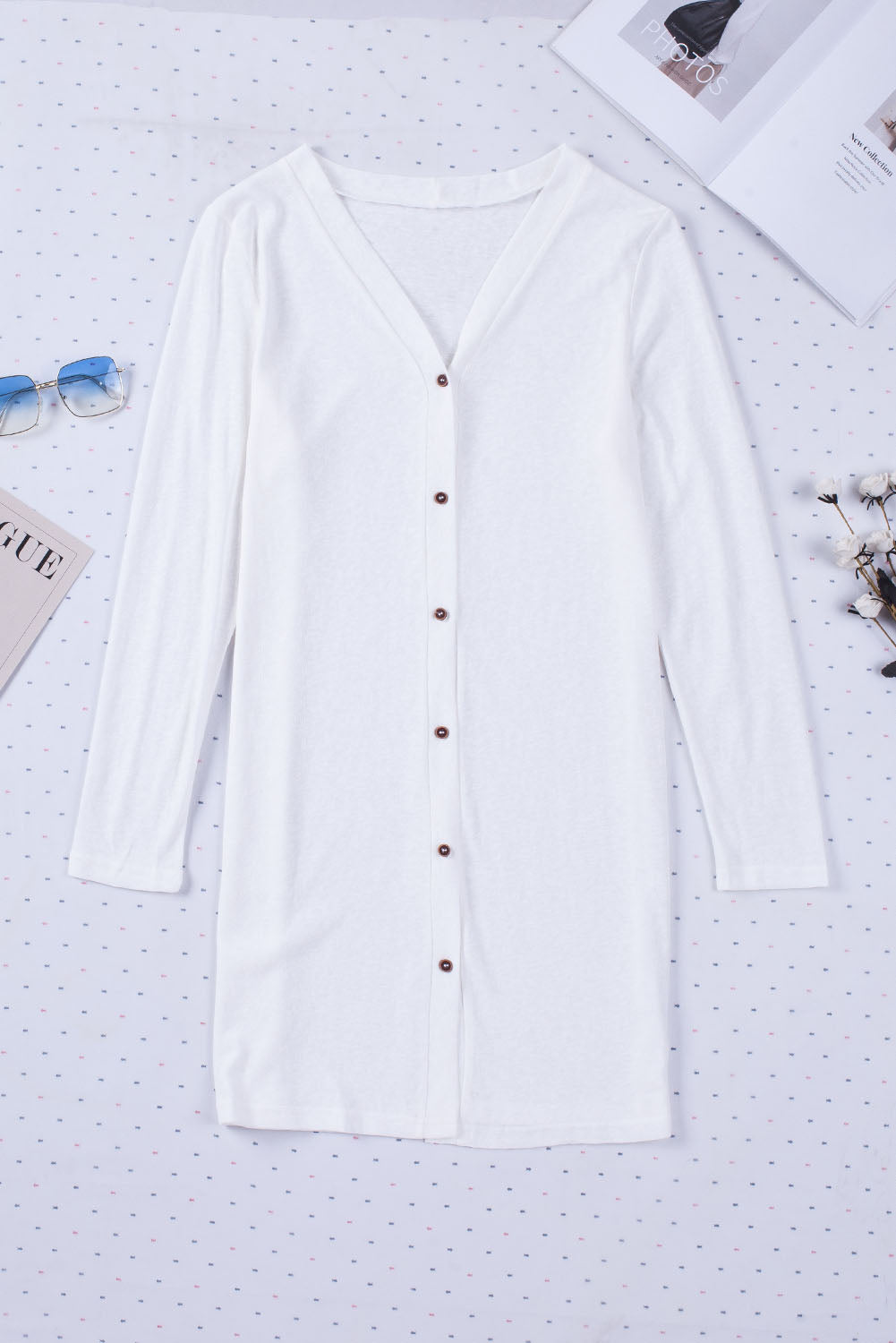 White Longline Open-Front Buttoned Cardigan - Lightweight Knit