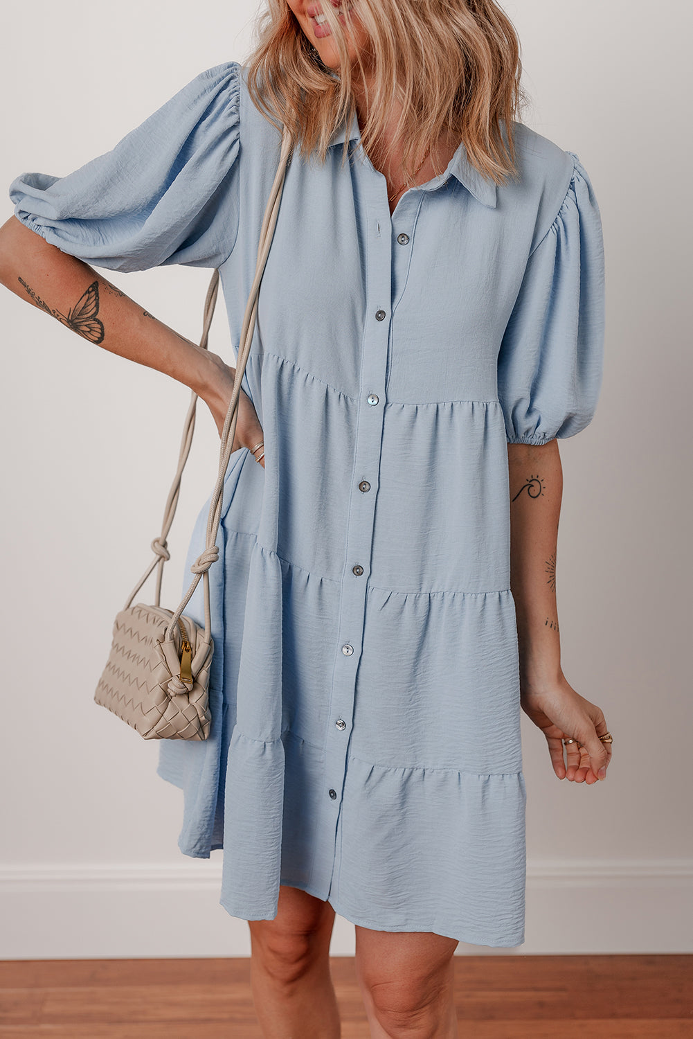 Beau Blue Shirt Collar Button Up Puff Sleeve Tiered Shift Dress