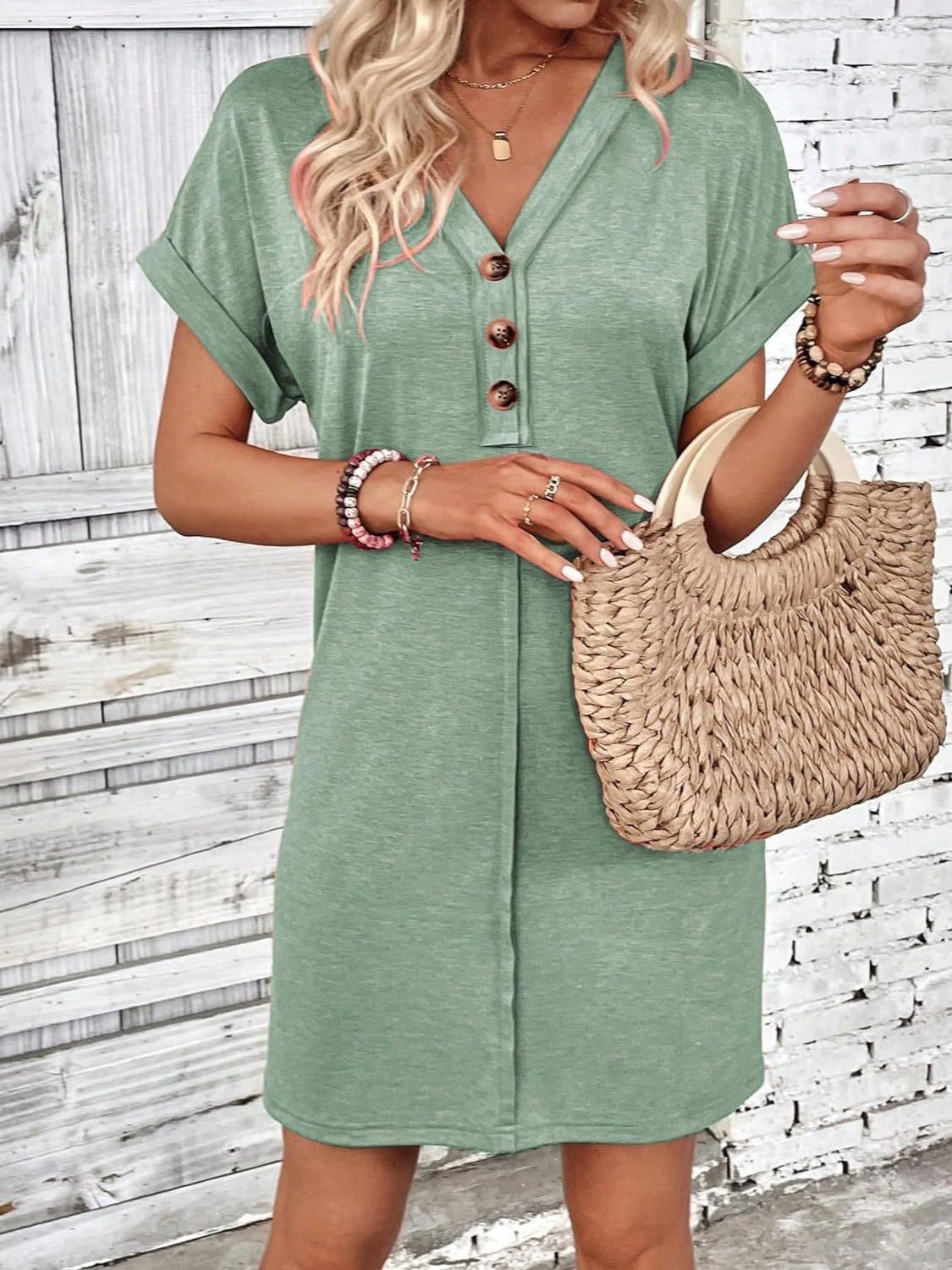 V-Neck Short Sleeve Button-Front Dress for Casual and Office Wear