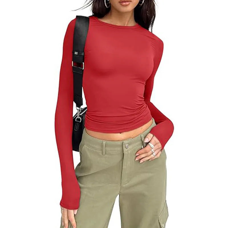 Women T-shirt Long Sleeve Crew Neck Solid Slim Fit Tee  Crop Top
