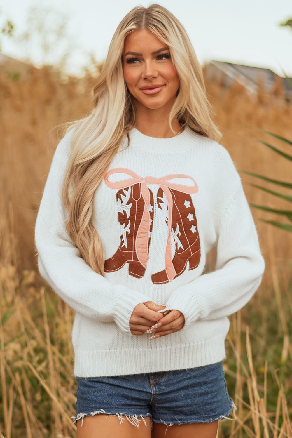 Women's Embroidered Bow Boots Knit Sweater, Relaxed Crew Neck Top