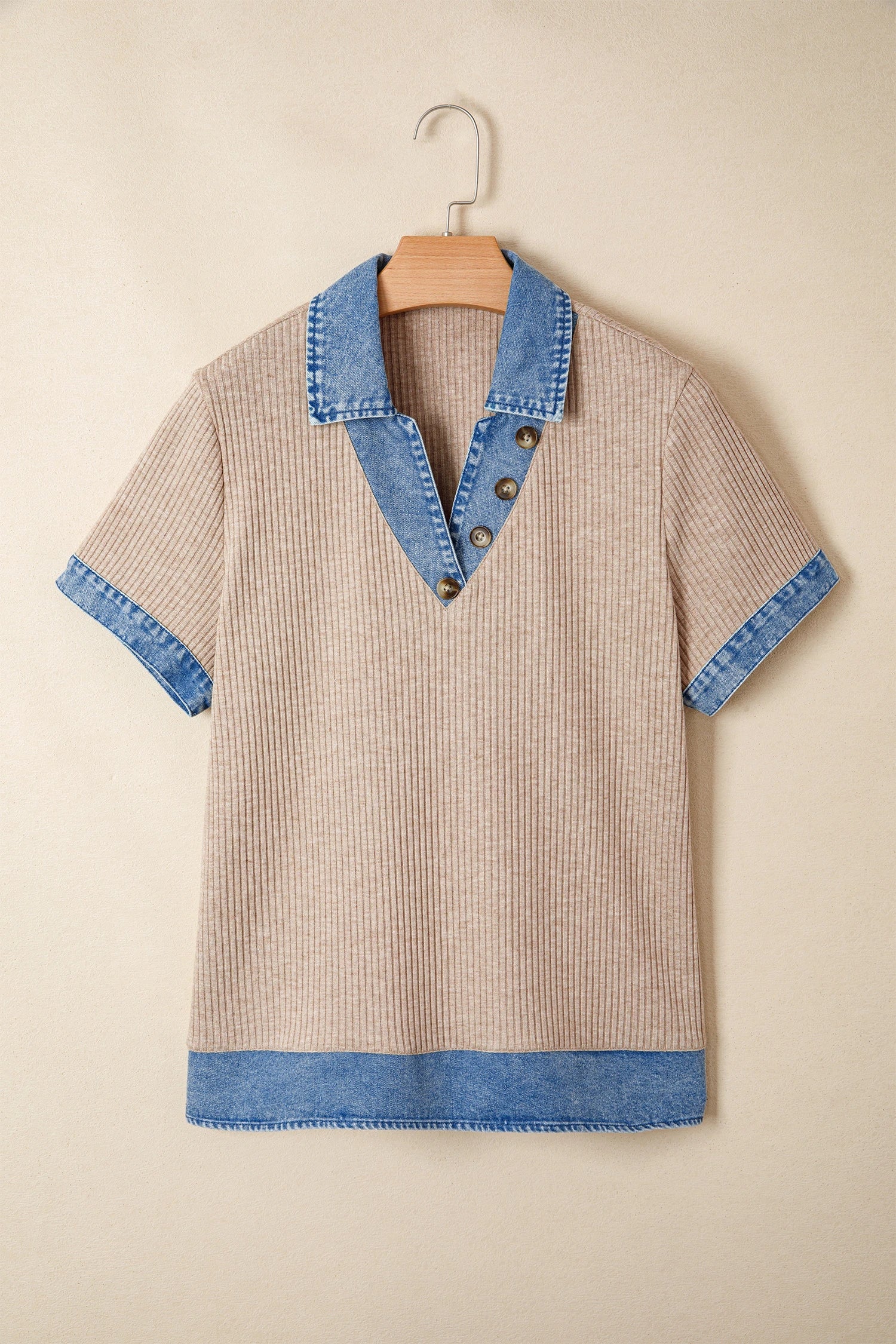 Denim Patchwork Ribbed Knit Collared Blouse