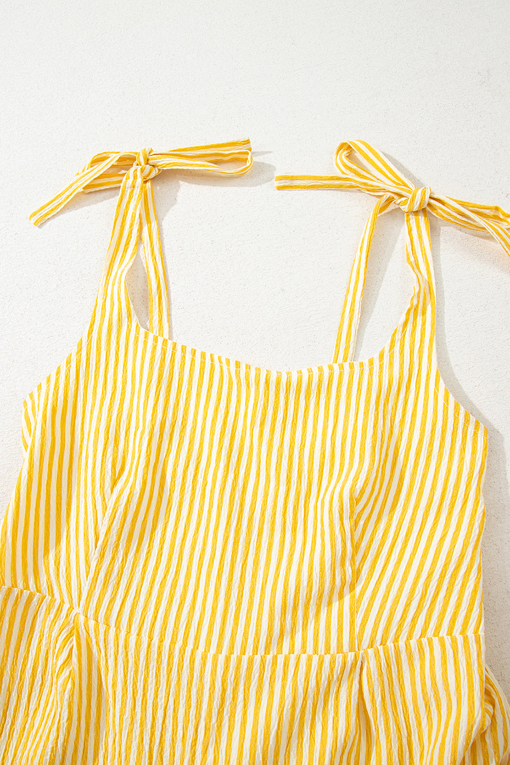 Yellow Stripe Wide Leg Romper with Tie Straps and Smocked Back