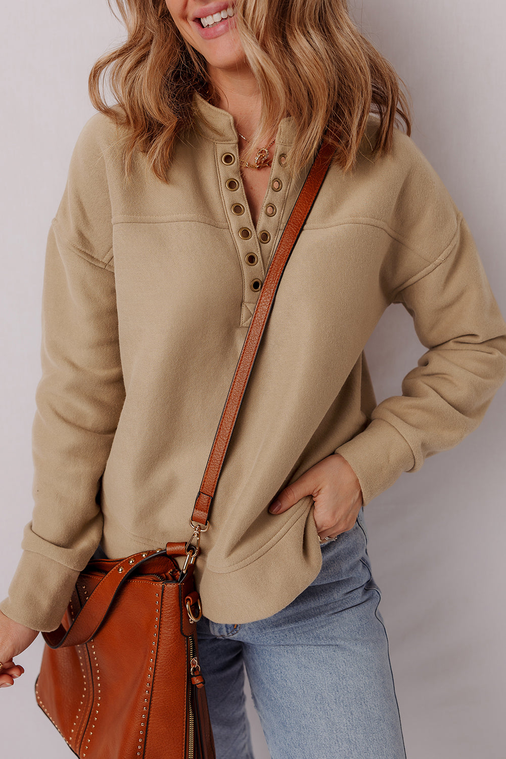 Women's Tan Grommet Detail Sweatshirt Long Sleeve Pullover