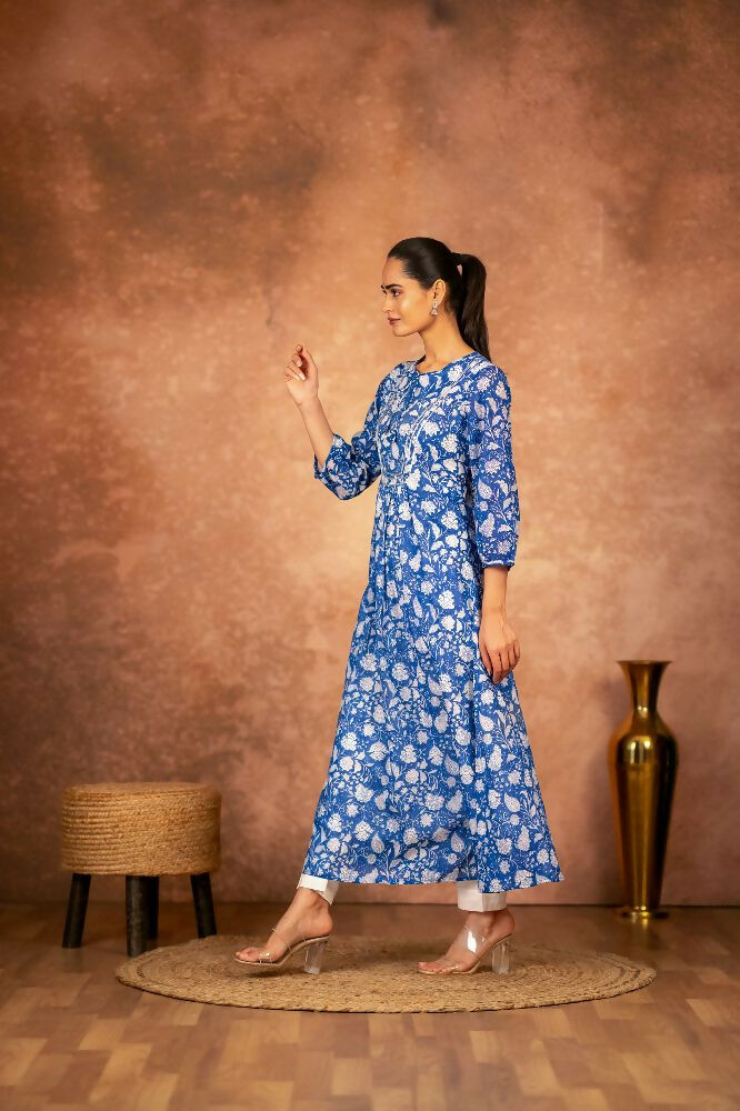 Blue Floral Hand Block Printed Cotton Kurta and Pant Set