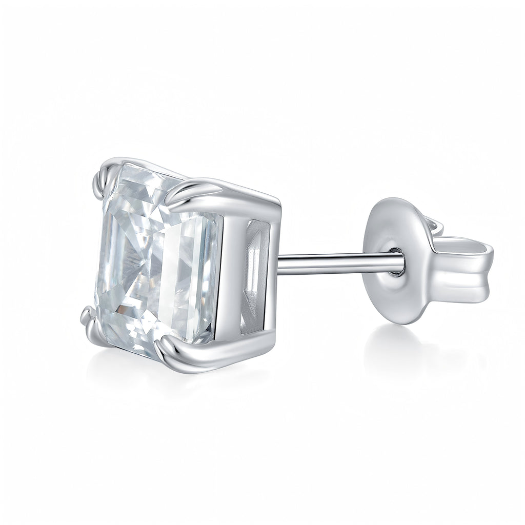 Emerald cut 6x8mm moissanite stud earrings in S925 sterling silver with platinum plating.