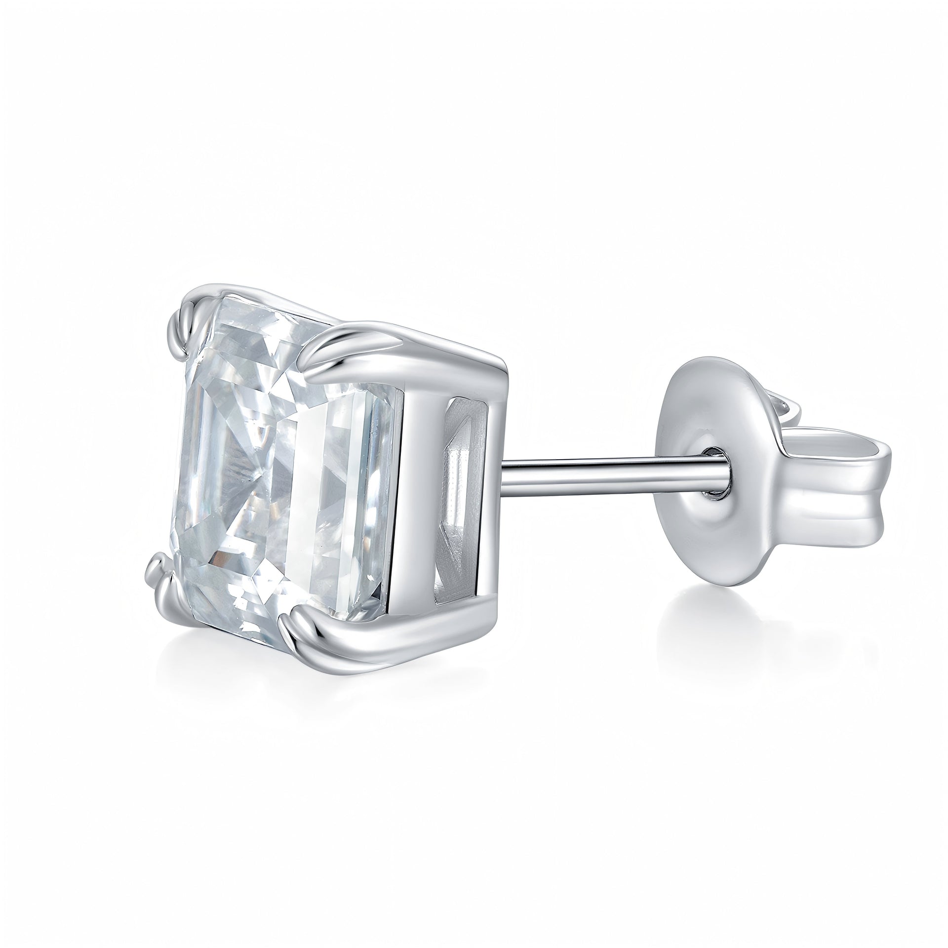 Emerald cut 6x8mm moissanite stud earrings in S925 sterling silver with platinum plating.