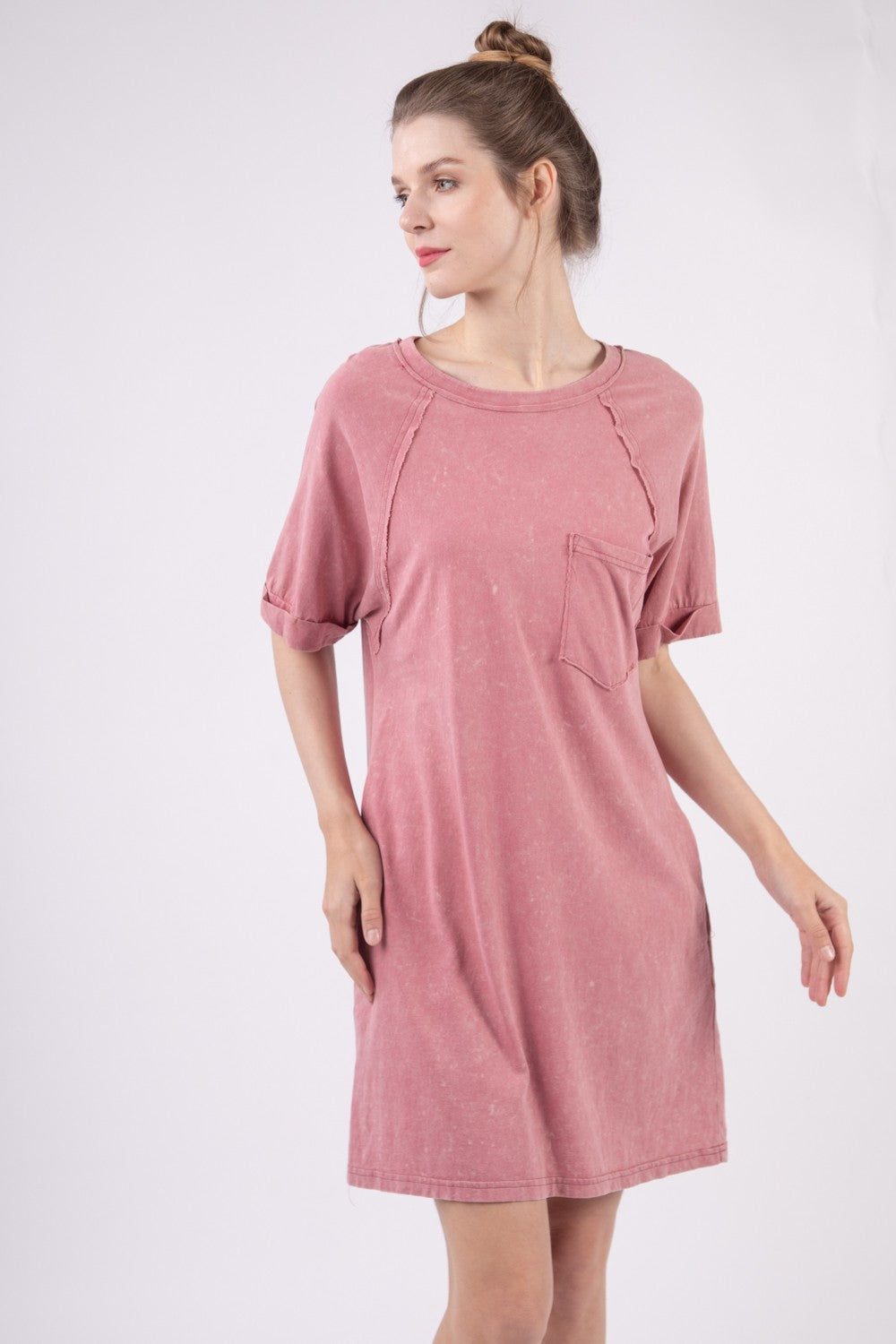 Washed Round Neck Mini Tee Dress with Pockets