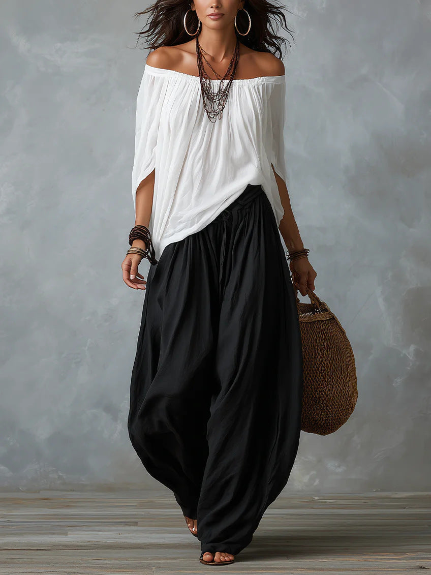 Women's One-Shoulder Cotton Two-Piece Set – Relaxed Wide-Leg Outfit