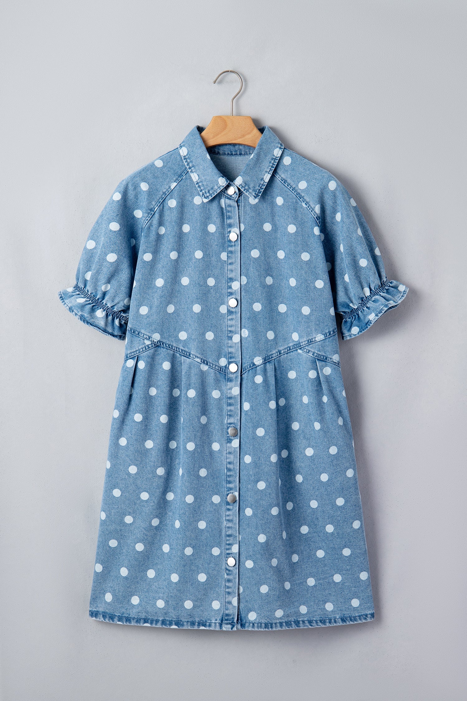 Polka Dot Denim Puff Sleeve Buttoned Dress