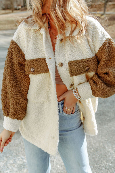 Women's Retro Sherpa Color Block Jacket with Collared Neck