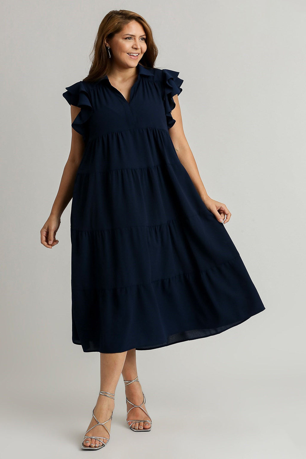 Classic Navy Ruffle Sleeve Tiered Dress with Collar
