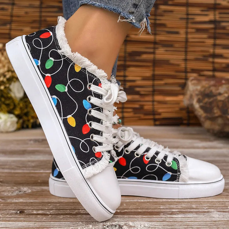 Raw Hem Printed Round Toe Sneakers Flat Canvas Shoes