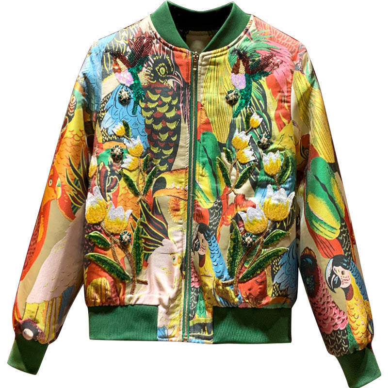 Women's Retro Harajuku Slim Embroidered Parrot Bomber Jacket - Image 5