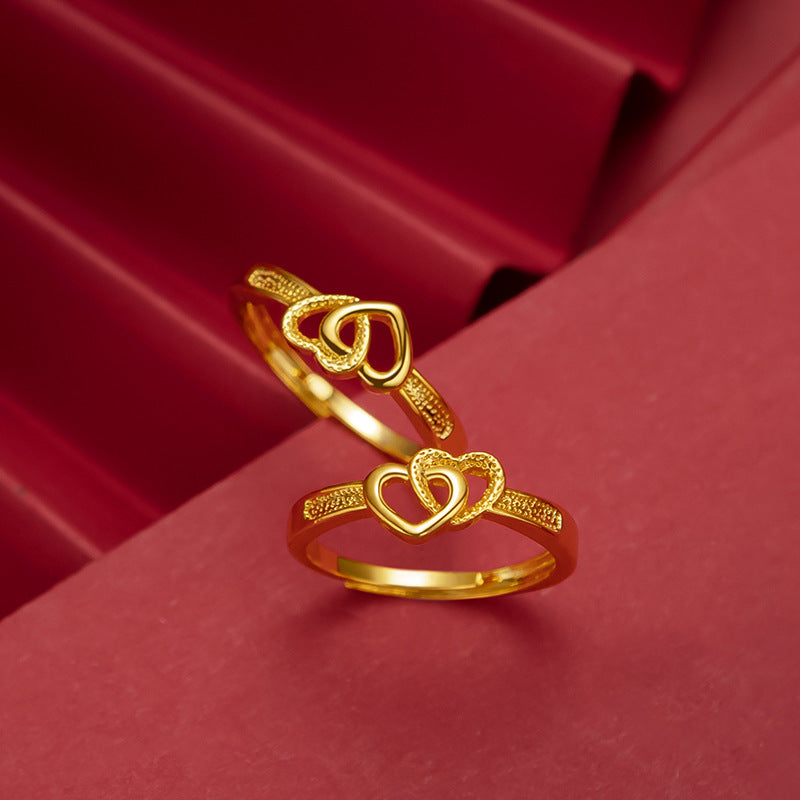 Vietnamese Sand Gold Plated Double Heart Ring For Women, Japanese & Korean Fashion Adjustable Open Love Ring