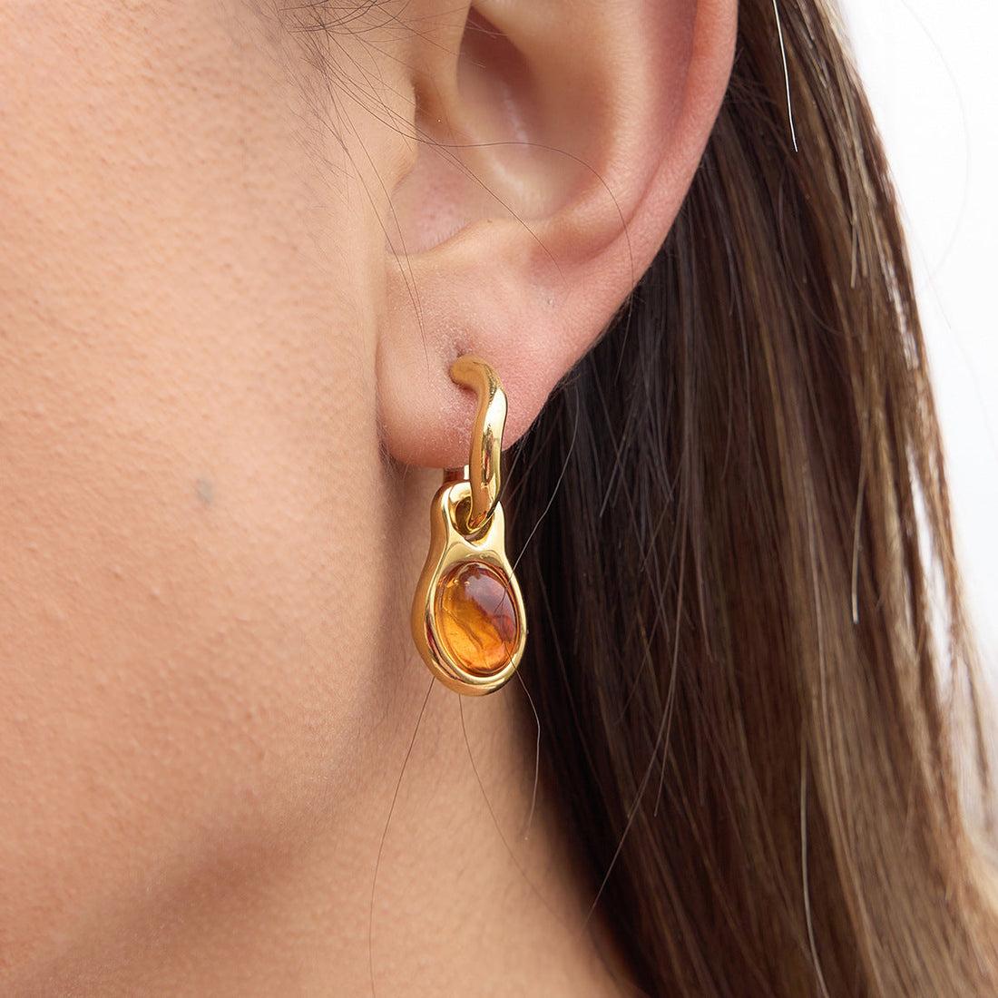 Amber Resin Geometric Drop Earrings in Gold Tone