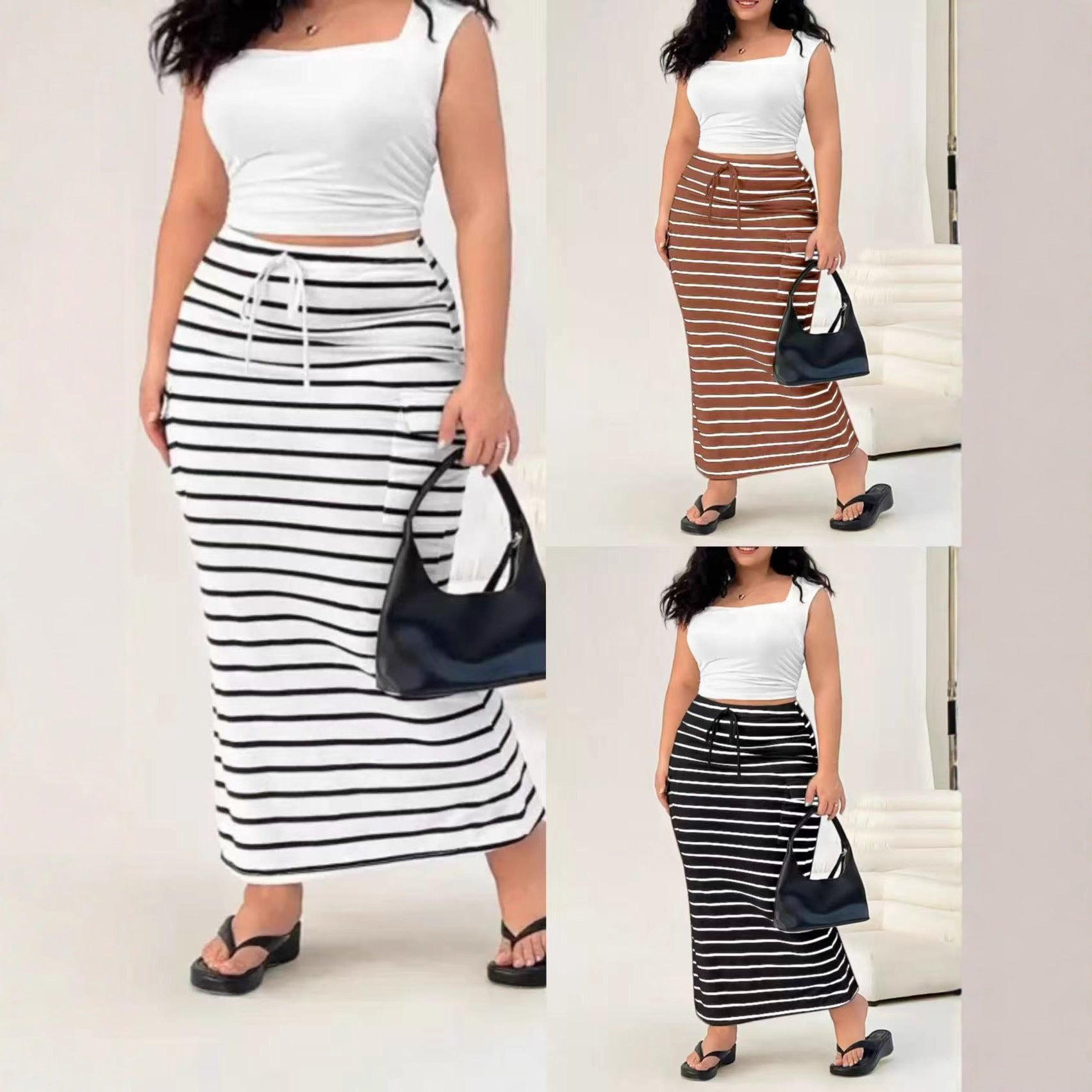 Striped Knitted Slim-Fit Hip Skirt - Mid-Length Casual Skirt