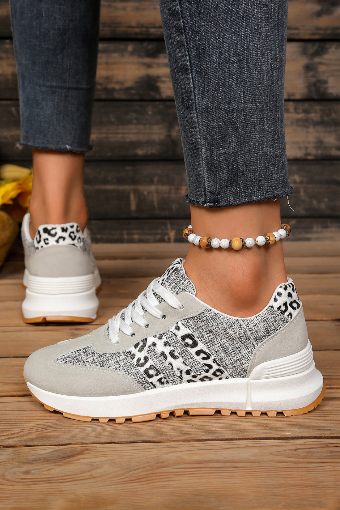 Rosalia Women's Retro Lace-Up Sneakers with Leopard Patchwork