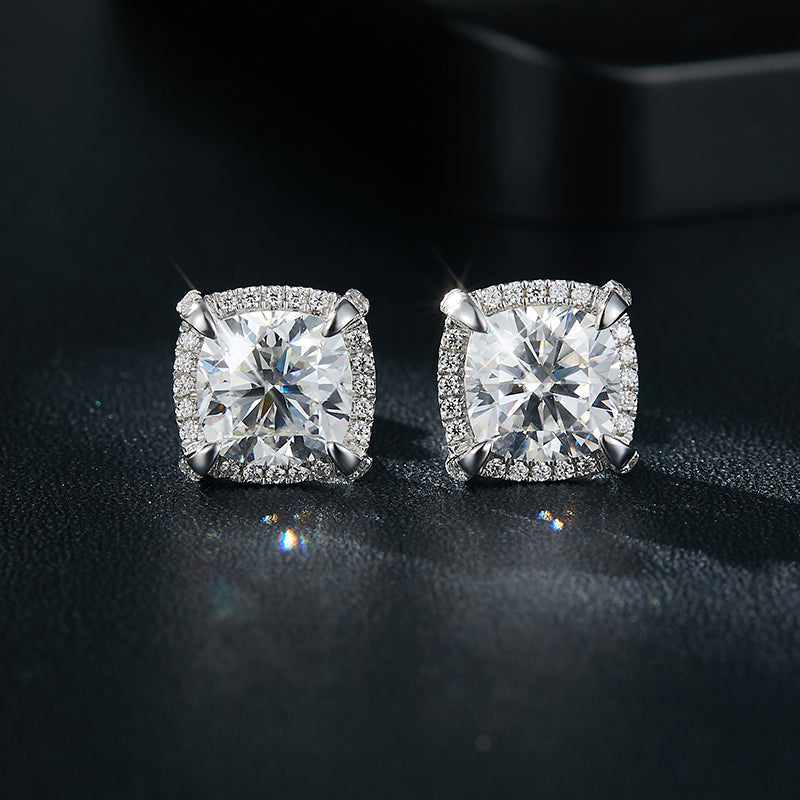 Cushion Cut Moissanite Halo Stud Earrings in Sterling Silver