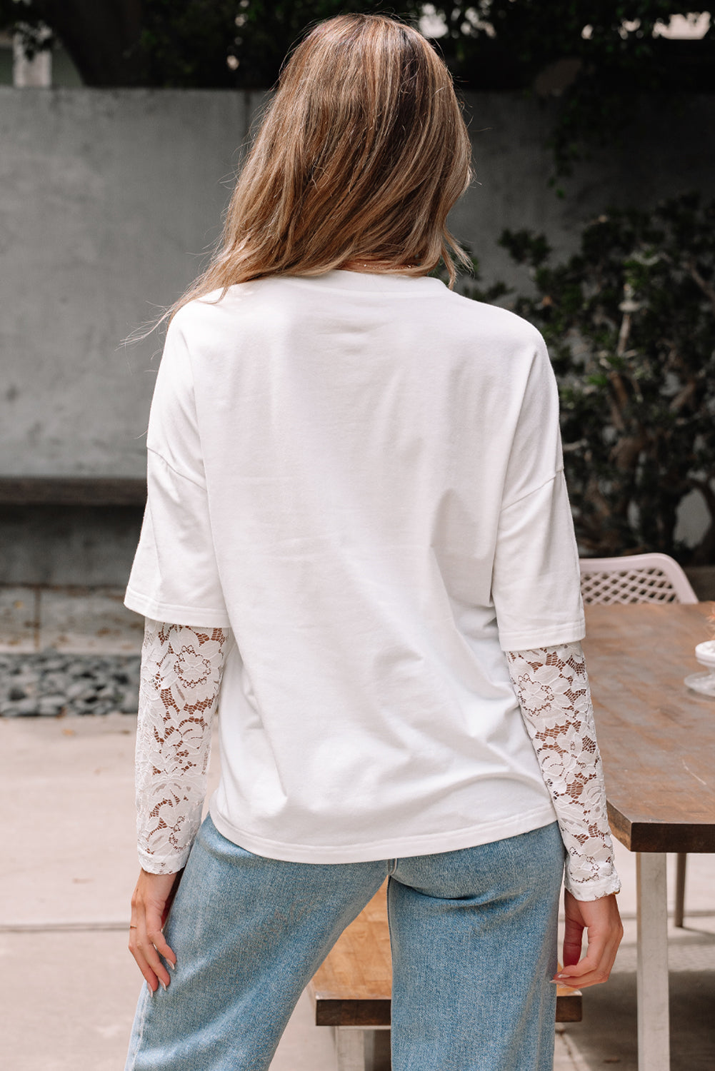 Women's Long Sleeve Drop Shoulder Tee with Romantic Lace Inserts