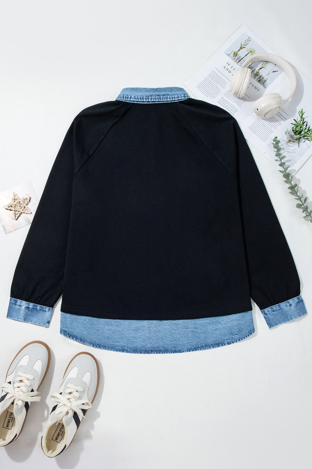 Plus Size Denim Patchwork Collared Long Sleeve Blouse