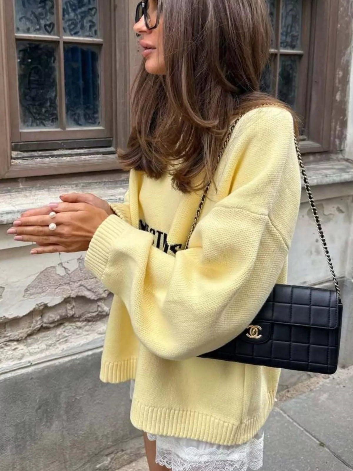 Letter Ribbed Hem Long Sleeve Sweater