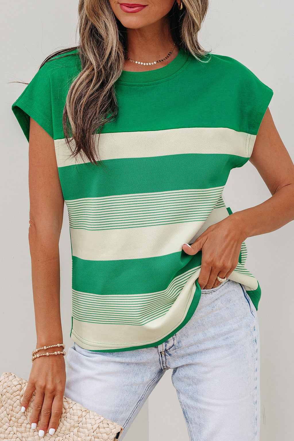 Galilea Cap Sleeve T Shirt – Striped Color Block Knit Top