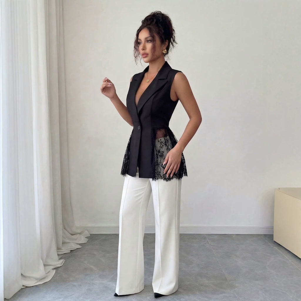 Sleeveless Lace A-Line Jacket – V-Neck Slim Fit Elegant Style