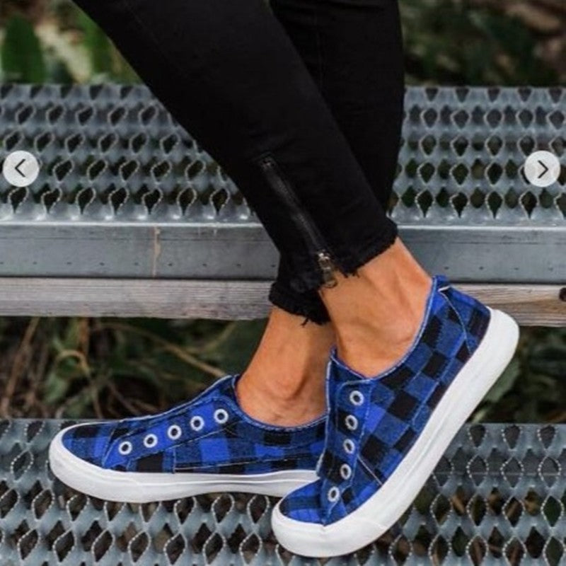 Women's Plaid Canvas Slip-On Sneakers - Black & Blue Options - Image 4