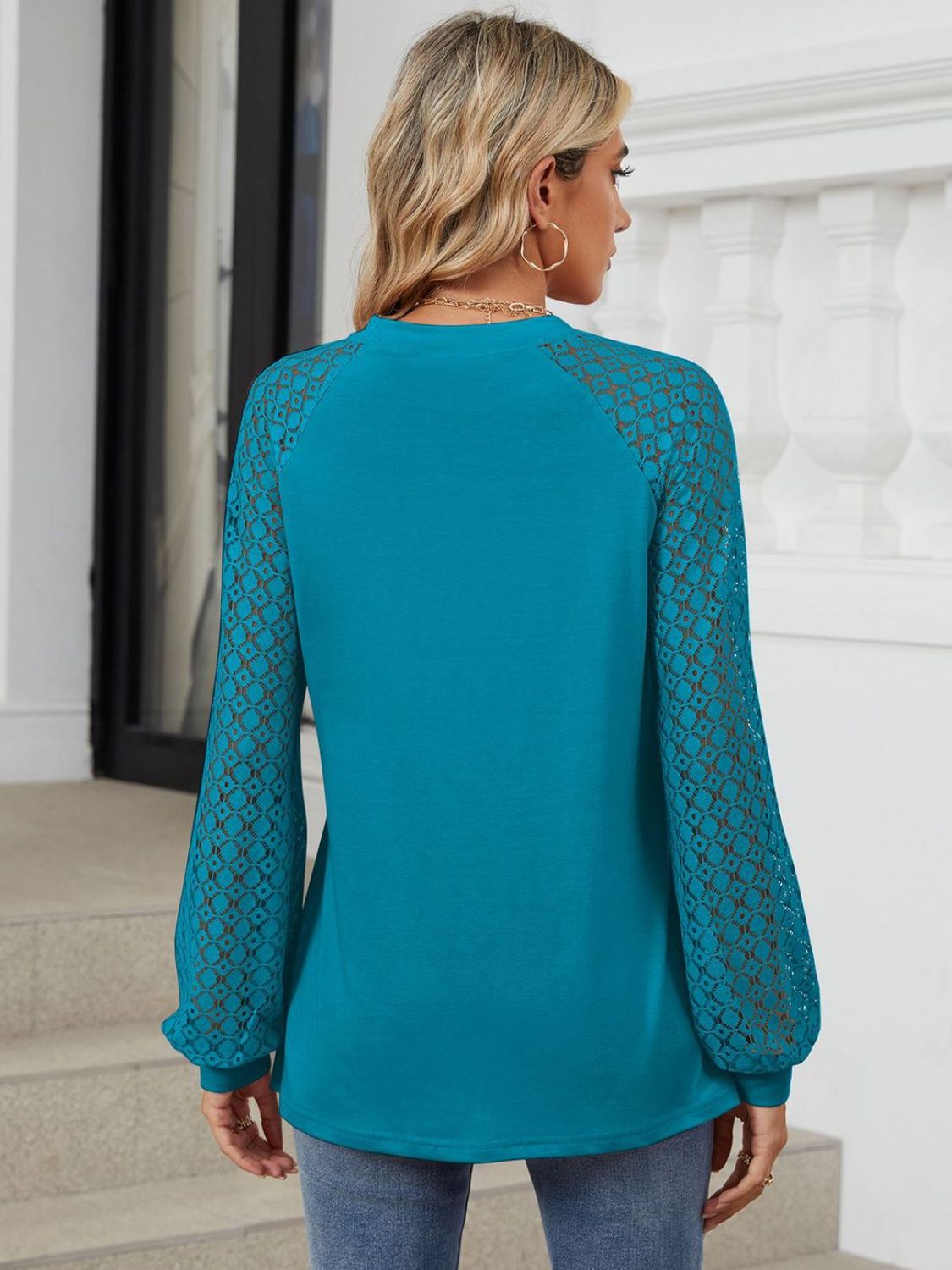 Women's White Round Neck Long Sleeve Lace Detail Casual Top - Image 12