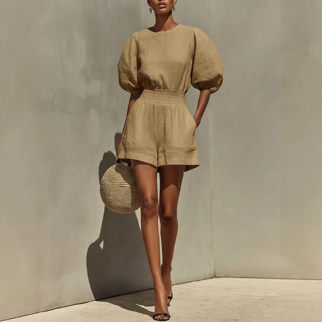 Women's Puff-Sleeve Top and Cropped Shorts Set - Image 5