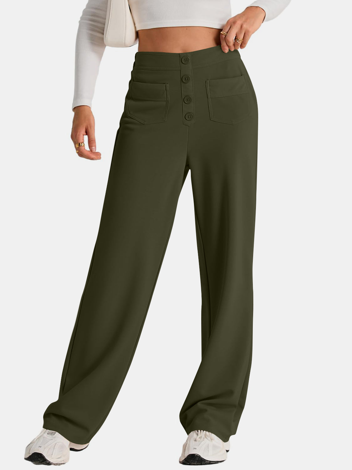 High Waist Wide Leg Pants | Black Polyester Relaxed Fit